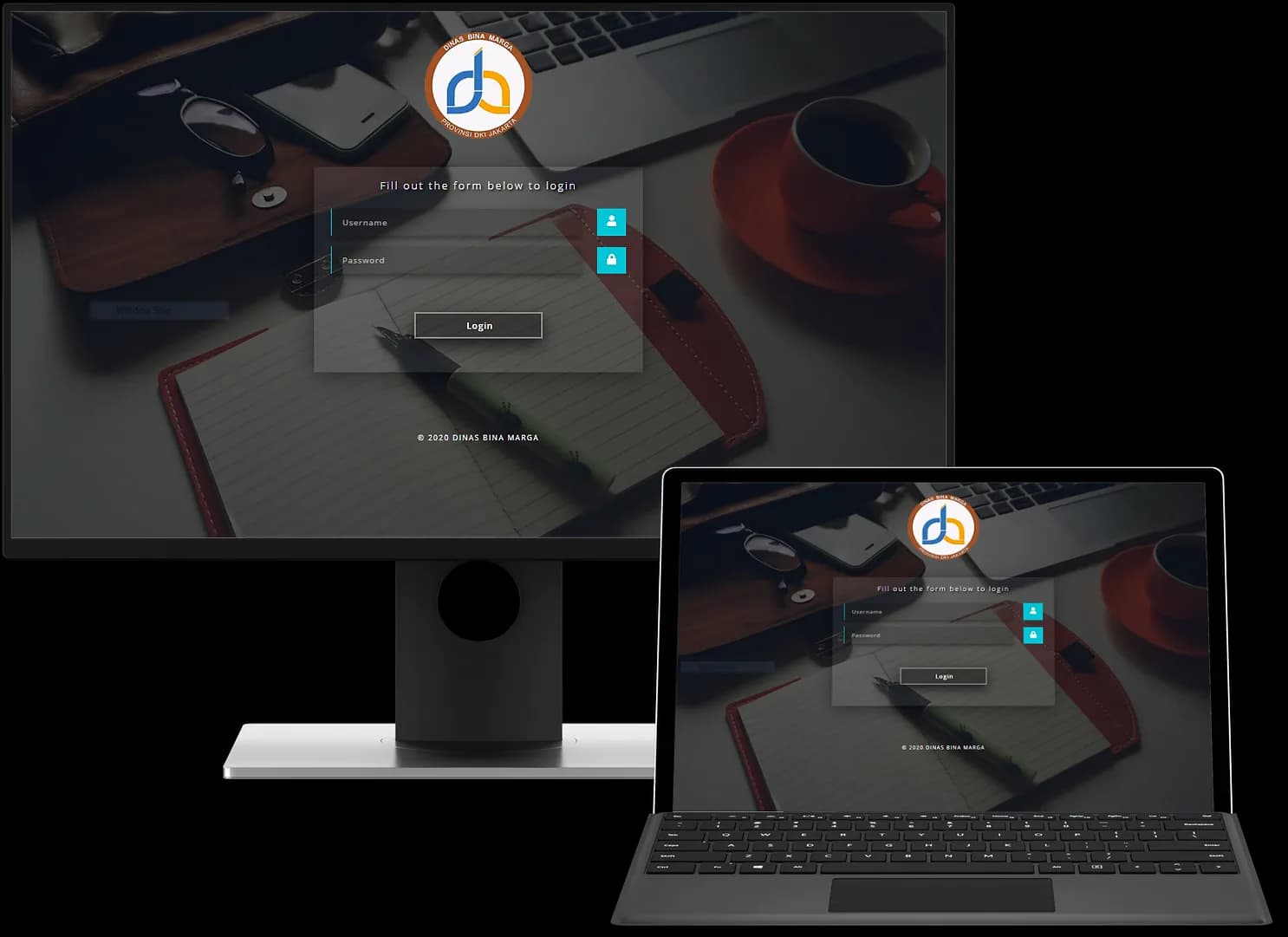 Mockup desktop dan tablet aplikasi pengelolaan proyek Dinas Bina Marga