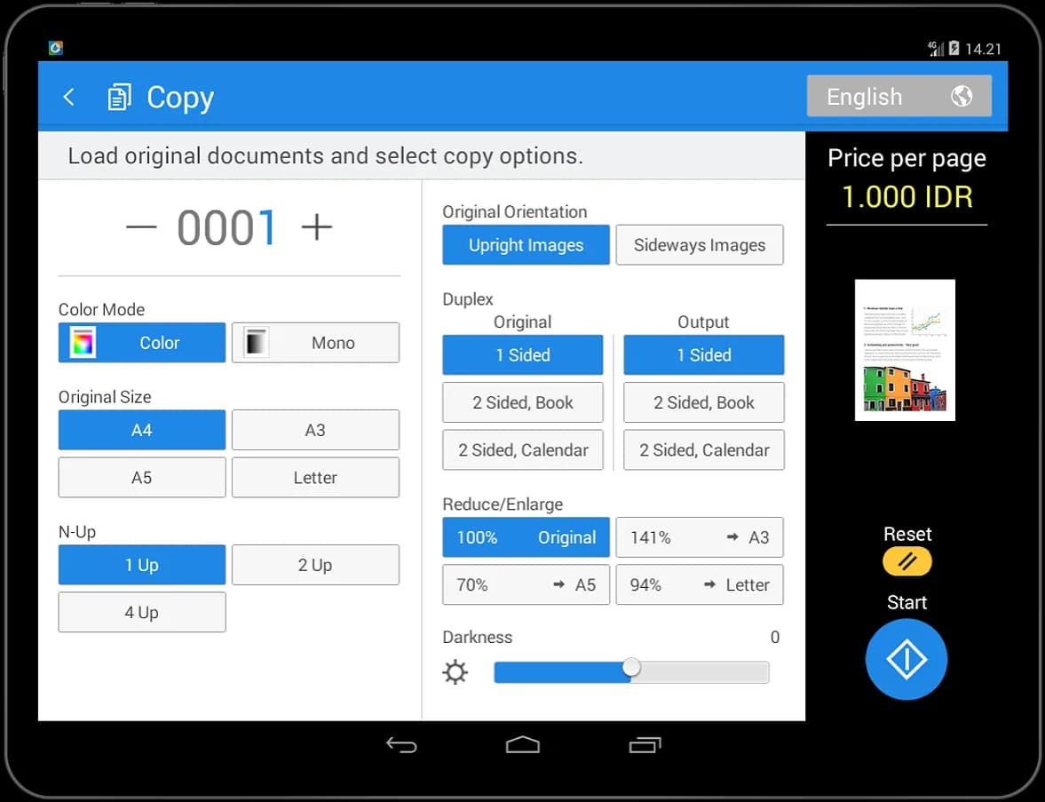 Layar Copy pada aplikasi PrintQu di tablet